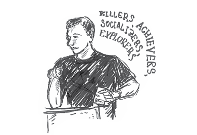 Pen and ink drawing made during the Creative Cambridge event, shows a male speaker at the podium with the words 