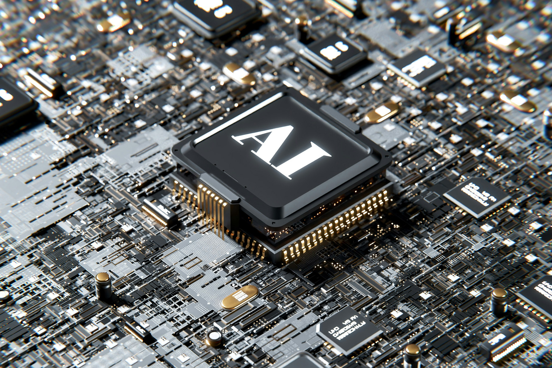 A close-up of a computer chip with the letters “AI” printed on it, mounted on a circuit board with various other components and integrated circuits, representing the physical aspect of artificial intelligence technology.