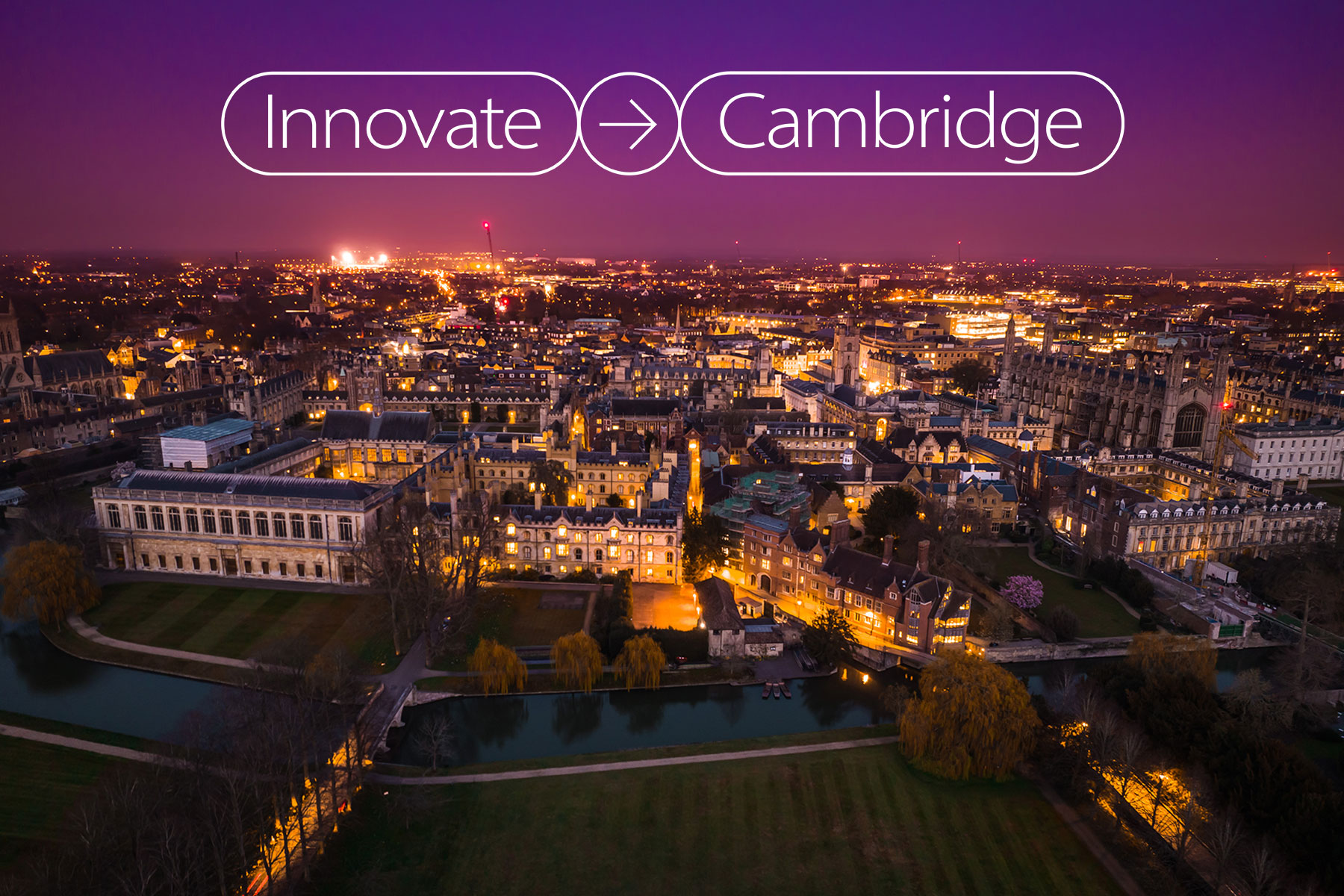 Cambridge skyline at night with Innovate Cambridge logo