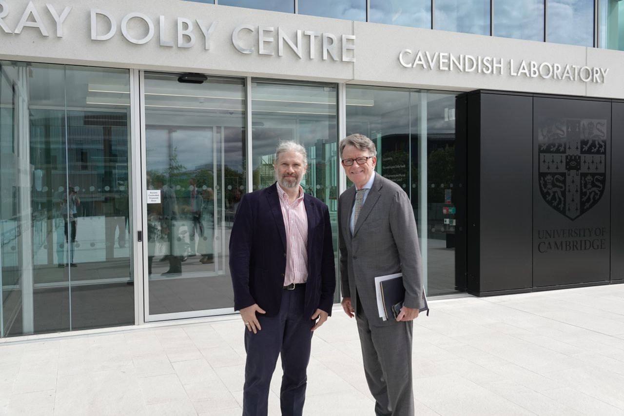 Lord Mandelson with Professor Mete Atatüre outside the Ray Dolby Centre - UK-US tech collaboration